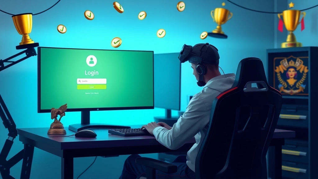 Gamer sitting confidently at desk with successful login screen displayed on monitor, checkmark symbols floating around, celebratory gaming environment with trophies and gaming achievements visible