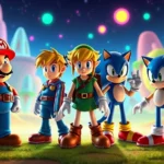 A vibrant scene showing classic video game characters Mario, Link, and Sonic standing together in a colorful digital landscape with glowing neon effects, celebrating gaming culture and nostalgia