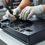 Professional technician wearing anti-static gloves carefully working on an open PlayStation 5 console with specialized repair tools on a clean workbench, showing internal components and circuit boards in bright workshop lighting