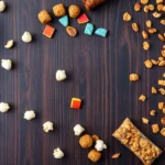 Overhead flat lay of colorful gaming snacks including popcorn, energy balls, granola bars, and trail mix arranged on dark wooden surface with gaming controller partially visible in corner, professional food photography with natural lighting