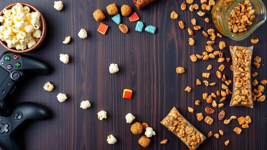 Overhead flat lay of colorful gaming snacks including popcorn, energy balls, granola bars, and trail mix arranged on dark wooden surface with gaming controller partially visible in corner, professional food photography with natural lighting
