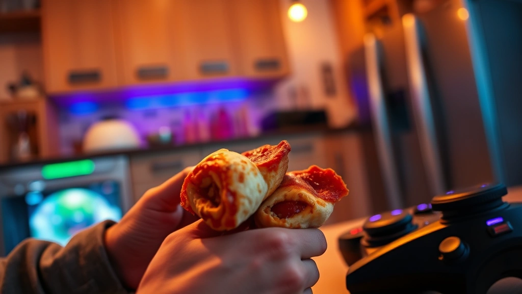 Close-up action shot of someone eating homemade pizza rolls while playing video games, hands visible holding both food and gaming peripherals, warm kitchen lighting, casual gaming environment with RGB lighting in background