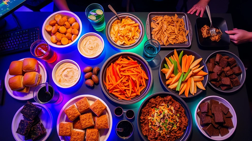 Vibrant spread of game day party foods including sliders, dips with vegetables, brownies, and drinks arranged on gaming tournament setup table with RGB lighting, overhead view showing abundance of snacks ready for competitive gaming session