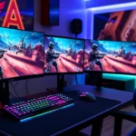 Professional gamer streaming setup with multiple monitors displaying vibrant game footage, RGB lighting, mechanical keyboard, gaming mouse, and headset in a modern gaming room
