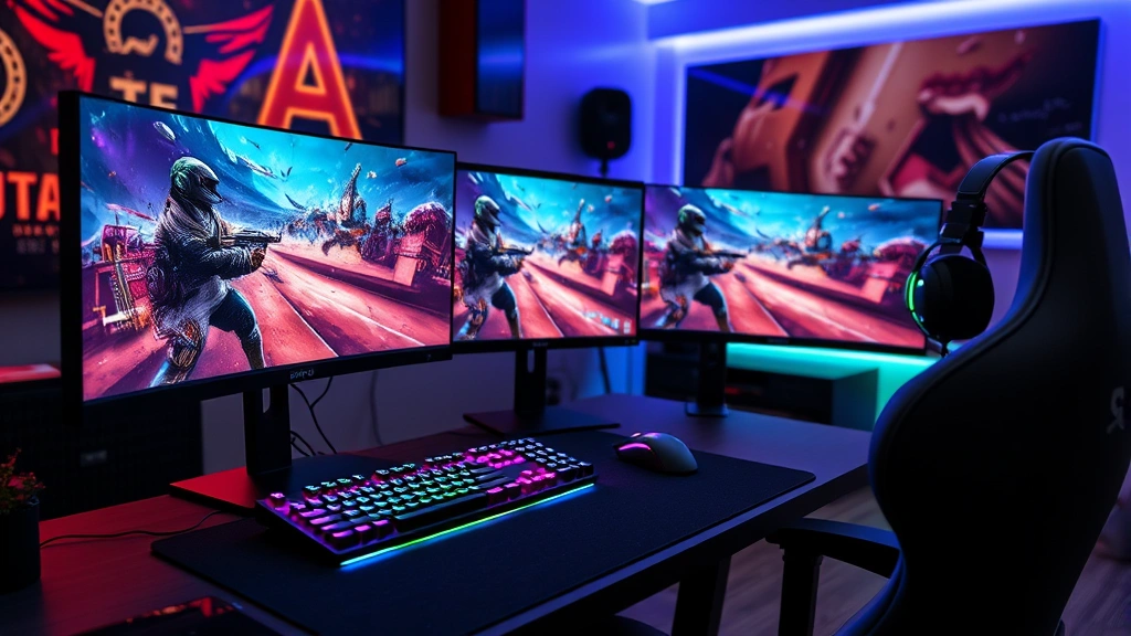 Professional gamer streaming setup with multiple monitors displaying vibrant game footage, RGB lighting, mechanical keyboard, gaming mouse, and headset in a modern gaming room