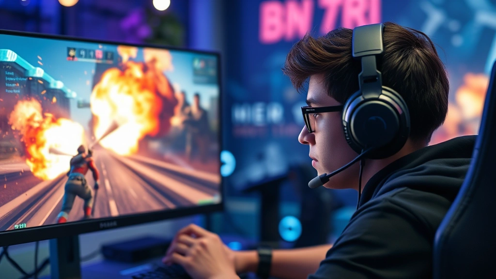 Esports player wearing headset intensely focused on gaming monitor showing fast-paced action game with dynamic explosions and bright visual effects in competitive match
