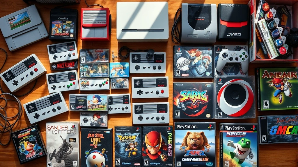 Overhead shot of a retro video game collection spread on wooden table including classic Nintendo cartridges, Sega Genesis games, and PlayStation cases with natural sunlight, photorealistic