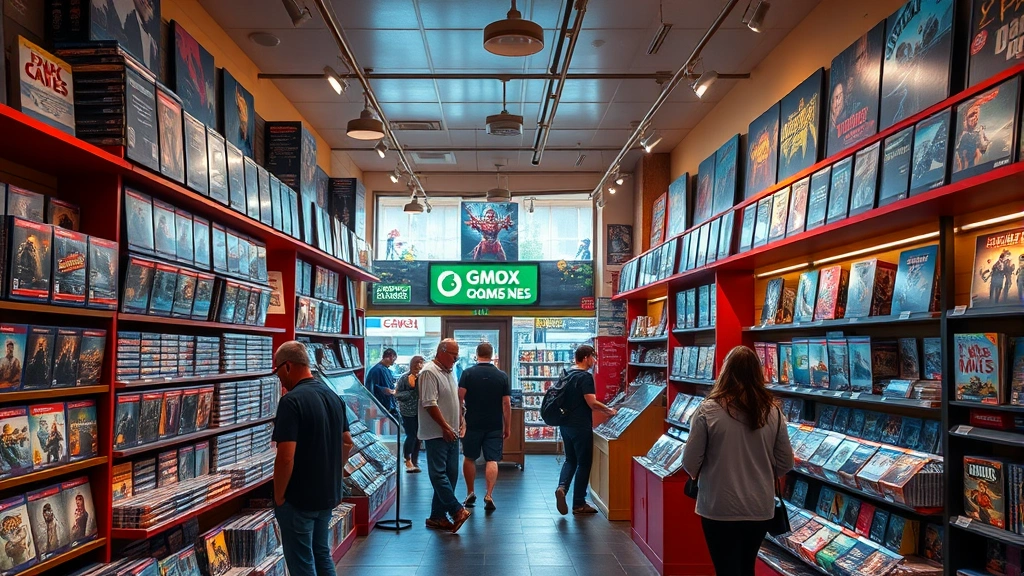 Interior of a vibrant independent game store with colorful shelves displaying video games across multiple platforms, customers browsing, warm lighting, photorealistic authentic retail environment