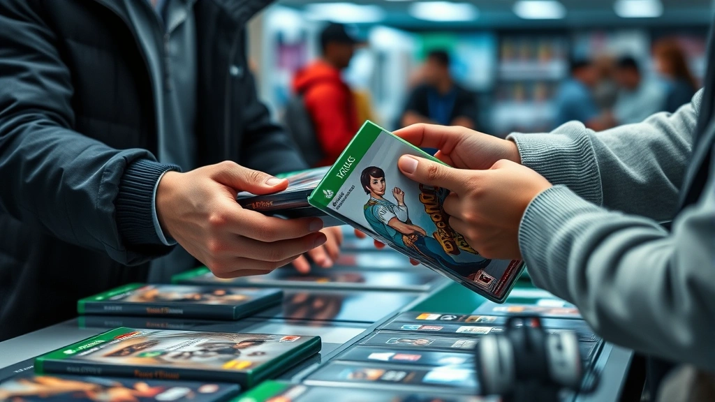 Close-up of hands exchanging video game cases during a trade transaction at a counter, showing genuine interaction between customer and staff member, professional retail setting photorealistic