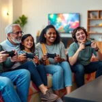 A diverse multigenerational family sitting on a colorful couch holding game controllers, laughing together while playing video games on a large TV screen in a bright living room with gaming setup