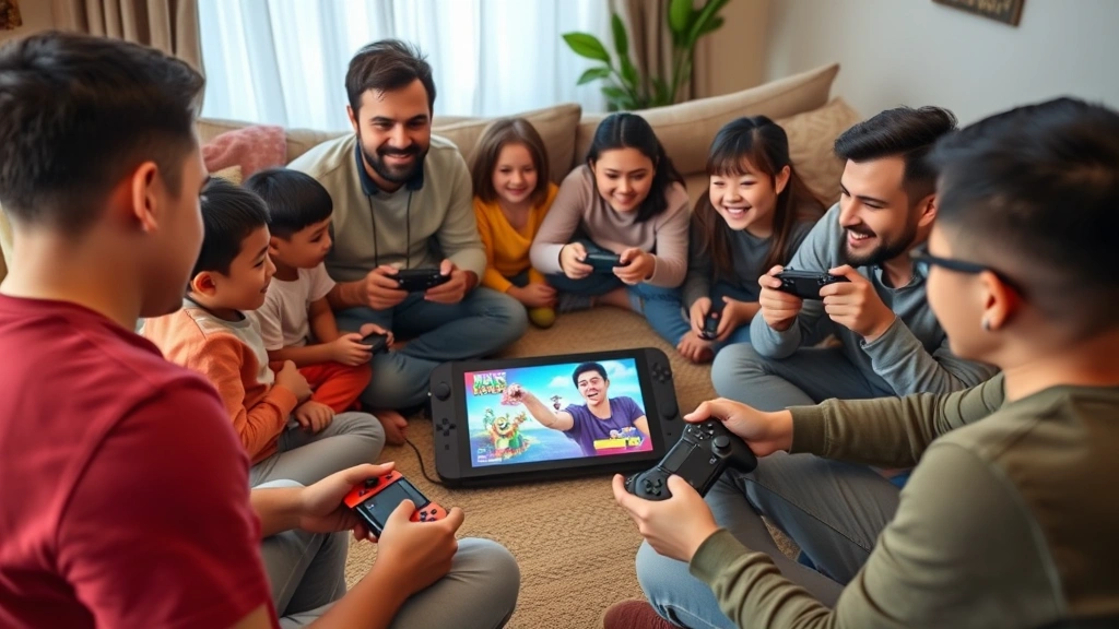 Multiple families gathered around Nintendo Switch controllers and PlayStation controllers in a casual living room environment, playing together cooperatively with joyful expressions and colorful game visuals on screen