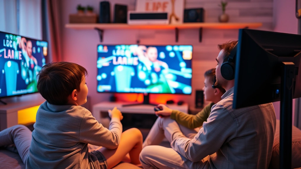 Parents and children sitting together playing video games on a large monitor setup, with warm lighting and gaming peripherals visible, showing genuine bonding moments and shared enjoyment