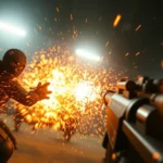 Close-up of an intense video game action scene with dynamic lighting, player character mid-combat with glowing effects and particle explosions, cinematic gaming moment, photorealistic graphics, no HUD elements or text visible