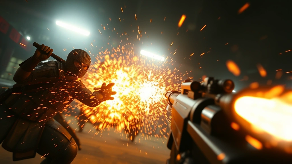 Close-up of an intense video game action scene with dynamic lighting, player character mid-combat with glowing effects and particle explosions, cinematic gaming moment, photorealistic graphics, no HUD elements or text visible