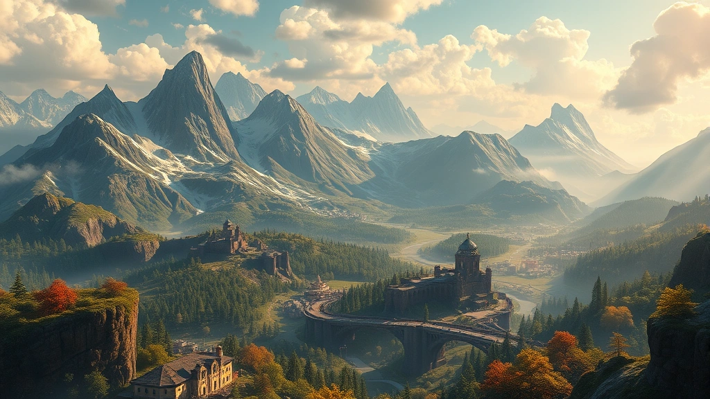 Expansive game world landscape showing detailed environment with mountains, forests, and interactive elements, vibrant colors, atmospheric lighting, high-quality graphics showcase, photorealistic style, no UI overlays