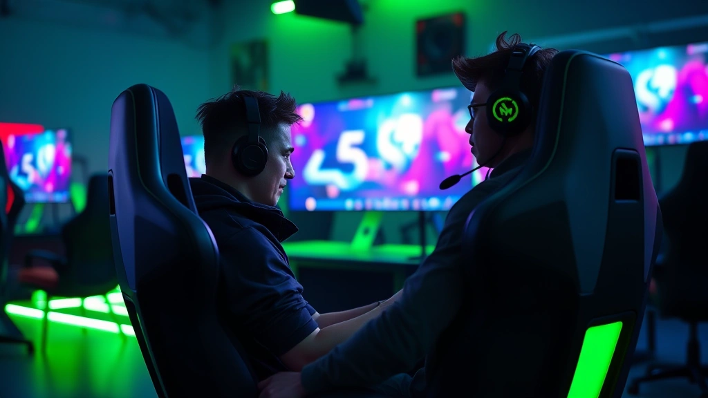 Jugador profesional de esports en silla gamer RGB iluminada, enfocado intensamente en monitor ultrawide, auriculares gamer inalámbricos, ambiente de sala de streaming profesional con iluminación ambiental