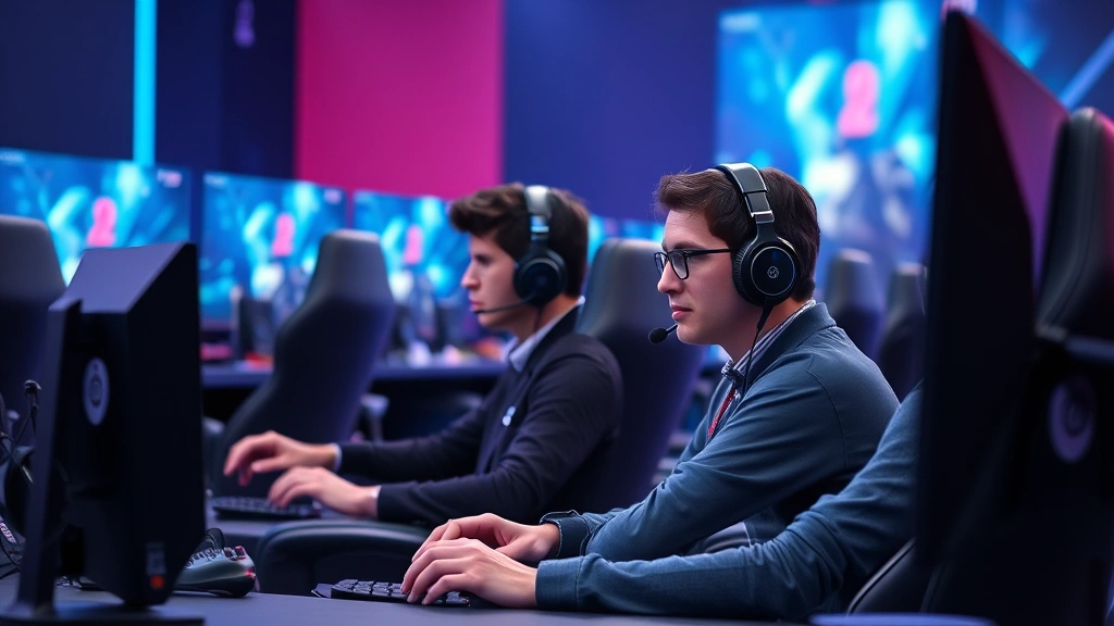 Equipo de esports profesionales compitiendo en torneo, sentados en sillas gamer frente a monitores de alta frecuencia, con auriculares y controles especializados