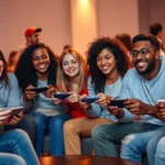Diverse group of gamers of different ages and ethnicities sitting together in a gaming lounge, each holding different gaming controllers and devices—mobile phones, controllers, keyboards—all smiling and engaged in conversation, photorealistic, warm lighting, inclusive gaming space