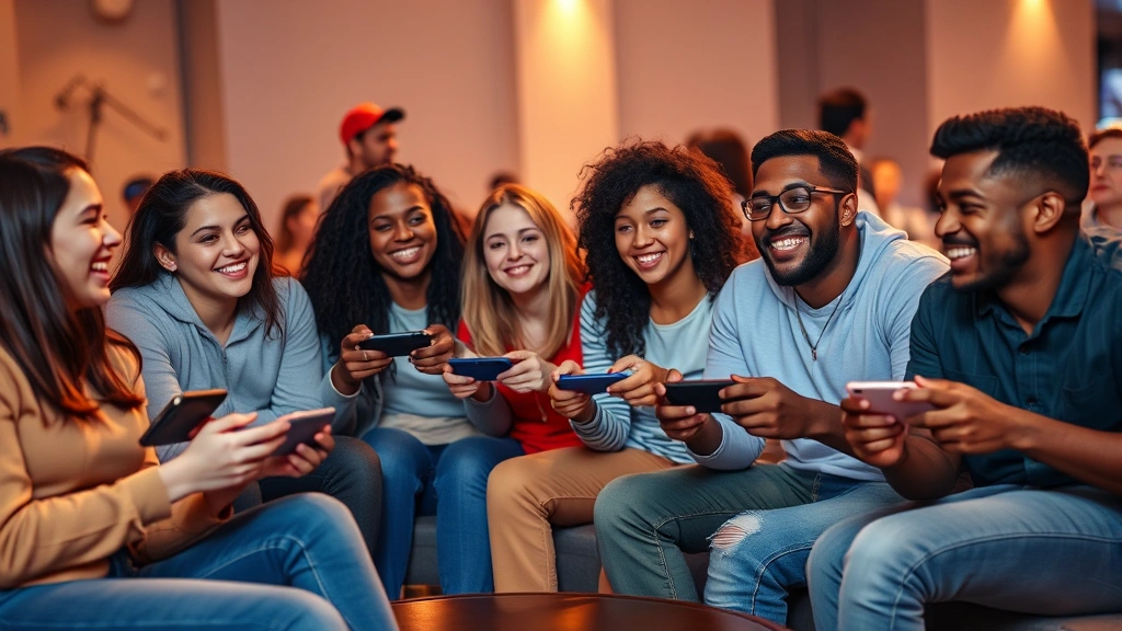 Diverse group of gamers of different ages and ethnicities sitting together in a gaming lounge, each holding different gaming controllers and devices—mobile phones, controllers, keyboards—all smiling and engaged in conversation, photorealistic, warm lighting, inclusive gaming space
