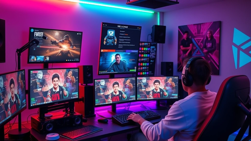 Live streaming setup with multiple monitors showing different games and chat interactions, streamer interacting enthusiastically with community, colorful LED lighting, modern gaming room aesthetic, photorealistic, welcoming atmosphere