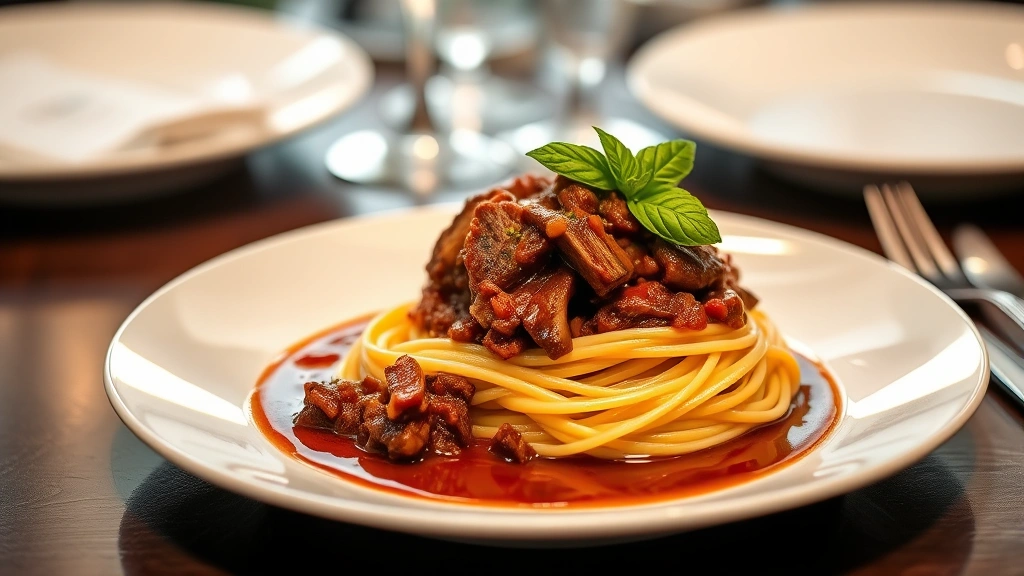 Elegant plated wild boar ragu over fresh pasta with wine reduction, garnished with fresh basil, soft restaurant lighting, gourmet presentation