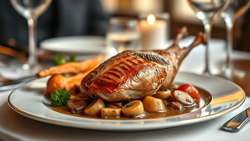 Roasted pheasant with root vegetables and mushroom sauce on fine dining plate, shallow depth of field, warm amber lighting, sophisticated table setting