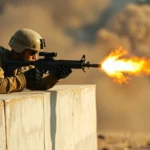 Soldier in military uniform crouching behind concrete barrier during intense firefight, muzzle flash from assault rifle, smoke and dust particles in air, gritty wartime atmosphere, photorealistic detail, afternoon lighting