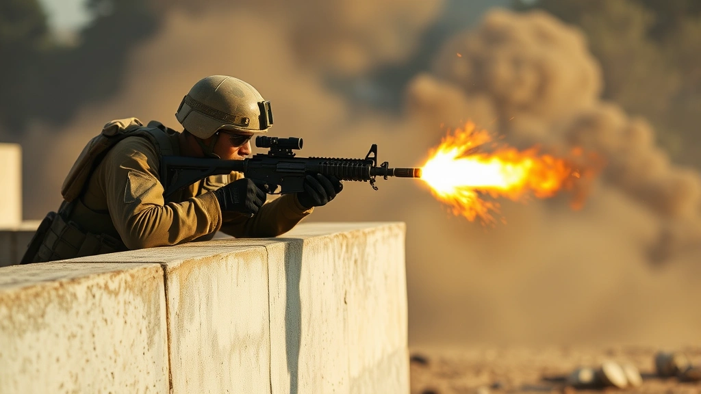 Soldier in military uniform crouching behind concrete barrier during intense firefight, muzzle flash from assault rifle, smoke and dust particles in air, gritty wartime atmosphere, photorealistic detail, afternoon lighting