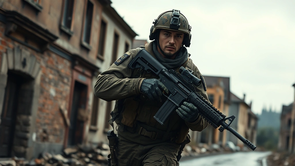 Elite special forces operative in tactical gear moving through damaged European village street, ruins of buildings visible, overcast sky, authentic WWII-era weapons, dynamic action pose, cinematic composition