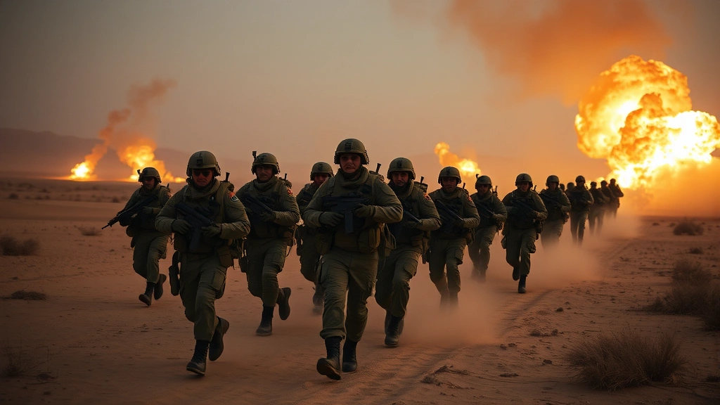 Military squad in formation advancing through desert terrain with explosions erupting in distance, dramatic lighting with dust clouds, authentic uniforms and equipment, intense combat scenario, wide battlefield perspective