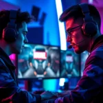 Professional esports player concentrating intensely while playing Marvel Snap on gaming PC, neon-lit gaming room, multiple monitors displaying game interface, dramatic lighting