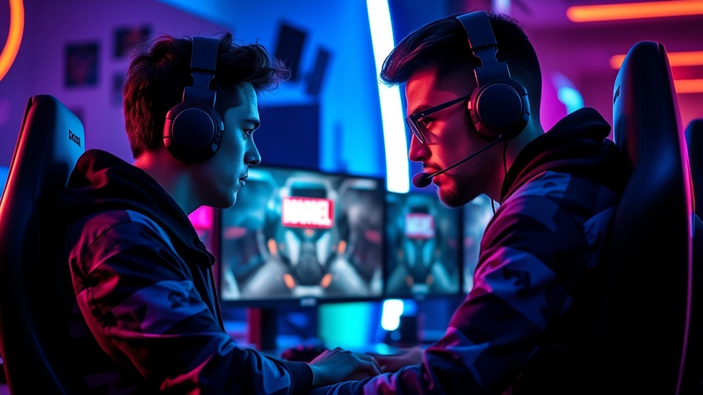Professional esports player concentrating intensely while playing Marvel Snap on gaming PC, neon-lit gaming room, multiple monitors displaying game interface, dramatic lighting