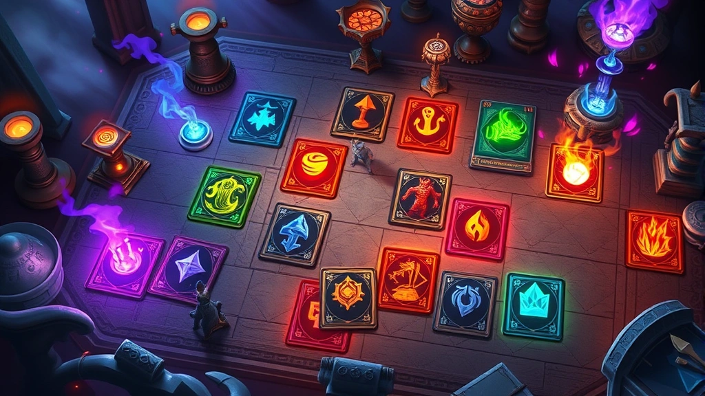 Vibrant roguelike card game board state with glowing magical cards arranged strategically, colorful visual effects and particle animations, mystical fantasy aesthetic, no UI elements visible
