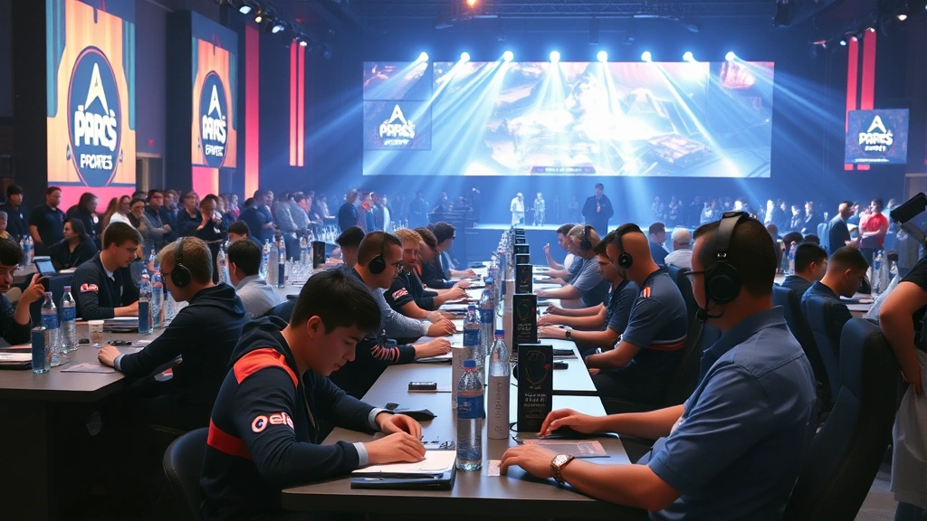 Competitive card game tournament venue with professional players at gaming stations, audience watching intently, professional esports stage lighting, energy and excitement captured in scene