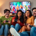 Group of diverse friends laughing while playing video games together on a couch with controllers in hand, colorful game characters on TV screen behind them, warm living room lighting, casual comfortable atmosphere