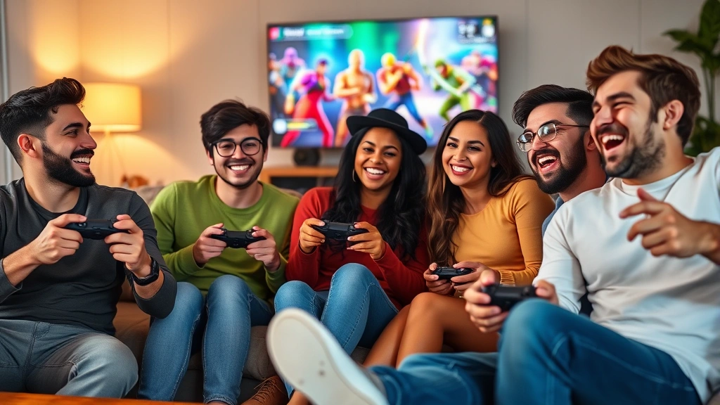 Group of diverse friends laughing while playing video games together on a couch with controllers in hand, colorful game characters on TV screen behind them, warm living room lighting, casual comfortable atmosphere