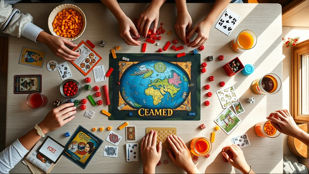 Overhead shot of a table with board games, dice, cards, and game pieces scattered across it, colorful snacks and drinks surrounding the games, natural daylight from window illuminating the scene, multiple hands reaching for pieces