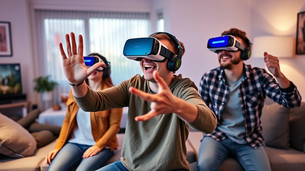 Friends wearing VR headsets in a living room, one person gesturing dramatically while immersed in virtual reality, other people watching and laughing nearby, modern gaming setup visible, excitement and fun captured in their expressions