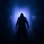 First-person perspective of a mysterious figure emerging from shadows in a dark corridor, photorealistic lighting with blue and purple tones, atmospheric fog, cinematic quality, no UI elements