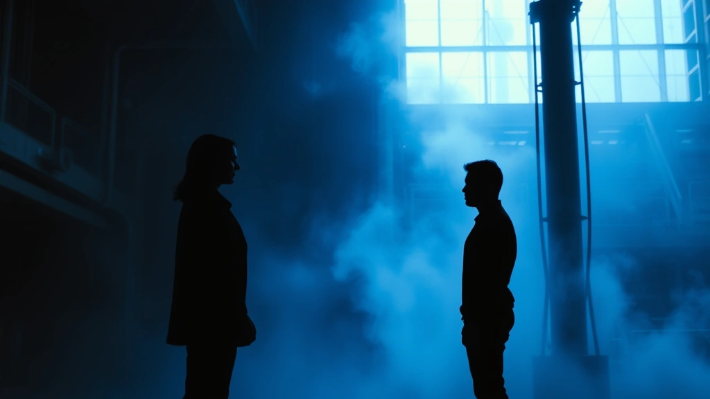 Two silhouettes facing each other in a misty industrial environment, ethereal blue lighting, photorealistic atmosphere, no text or interface elements, dramatic contrast between figures