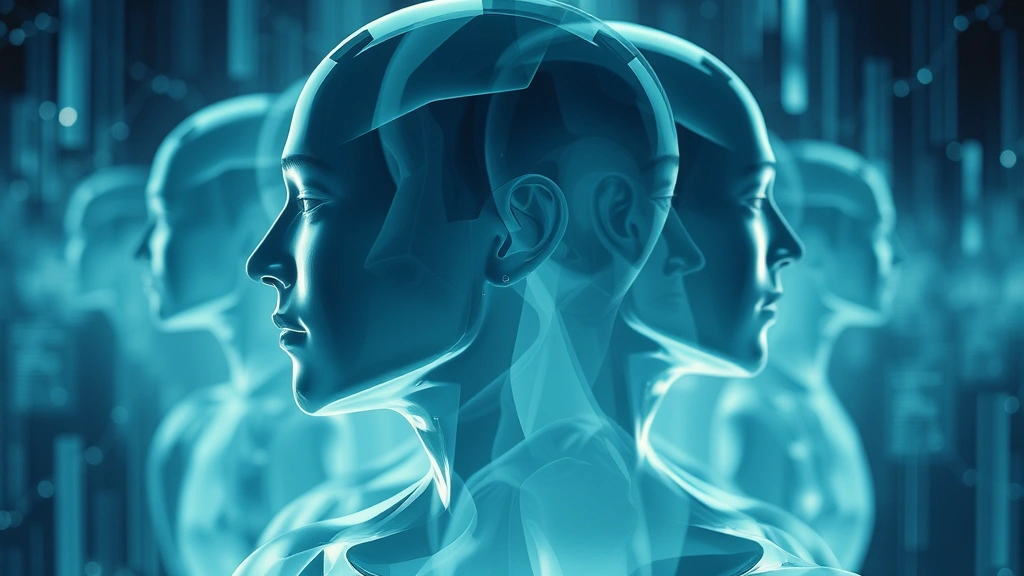 Abstract visualization of fractured consciousness with overlapping transparent human forms in digital space, cool color palette of blues and teals, photorealistic rendering, no letters or HUD elements