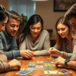 Friends gathered around a table intensely focused on playing a strategic guessing game, colorful game pieces and cards visible, warm indoor lighting, genuine expressions of concentration and excitement, photorealistic style