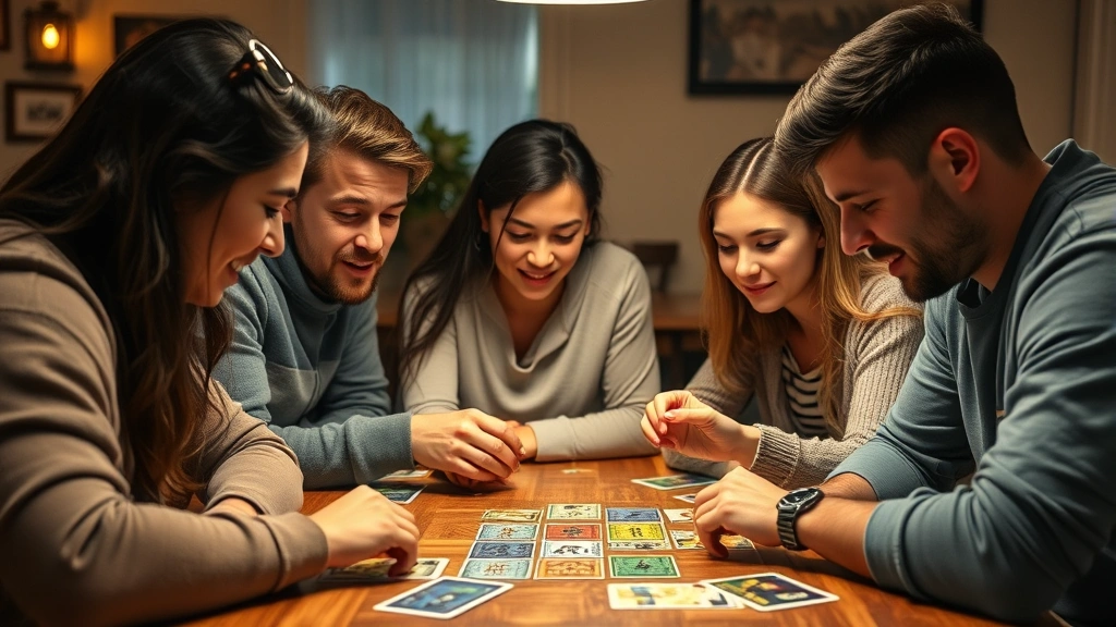 Friends gathered around a table intensely focused on playing a strategic guessing game, colorful game pieces and cards visible, warm indoor lighting, genuine expressions of concentration and excitement, photorealistic style
