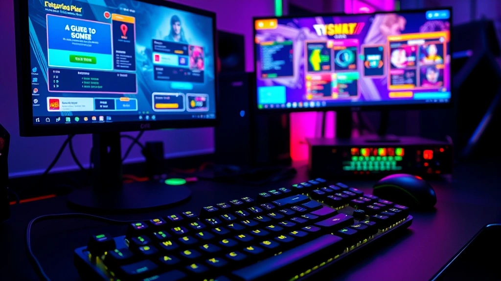 A vibrant gaming setup with multiple monitors displaying different guessing game interfaces, mechanical keyboard in foreground, RGB lighting creating dynamic atmosphere, competitive gaming environment, photorealistic