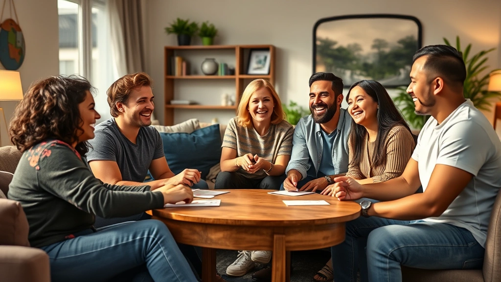 Group of diverse players laughing together during a multiplayer party guessing game session, casual living room setting with comfortable seating, joyful interactions and animated expressions, warm natural lighting, photorealistic
