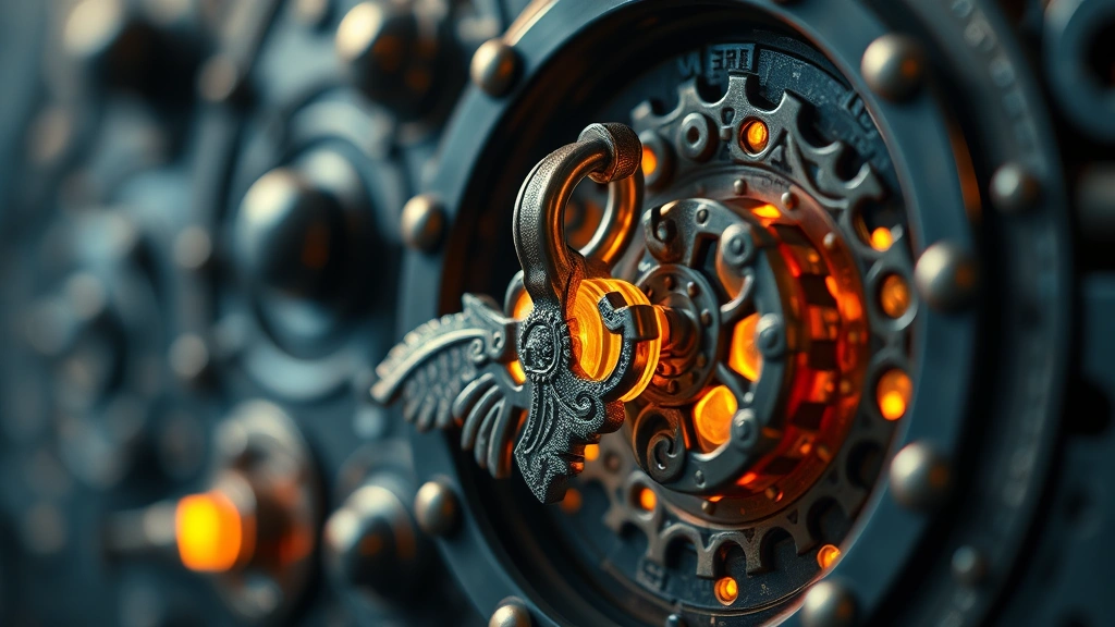 Close-up of intricate puzzle mechanism with glowing keys and ornate locks, warm lighting, cinematic depth of field, photorealistic metal and crystal textures