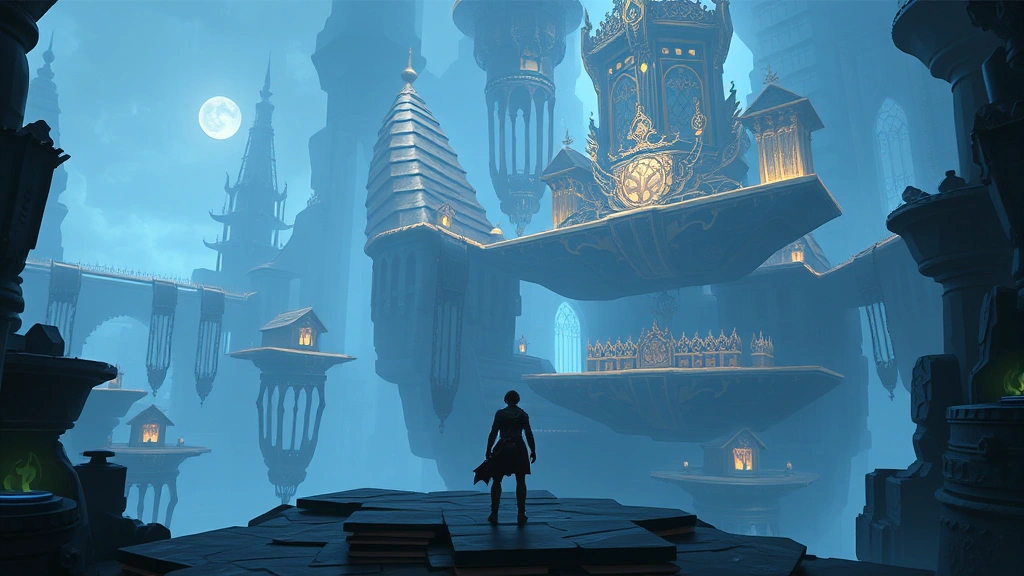 Player character standing in elaborate game level environment with floating key platforms and mystical architecture, atmospheric lighting with blue and gold tones, no UI elements visible