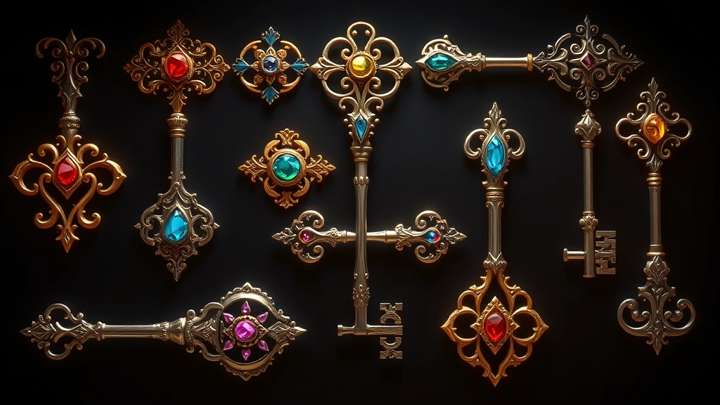 Collection of beautifully designed game keys displayed on dark background with dramatic lighting, each key featuring unique ornamental designs, photorealistic metalwork and gemstones