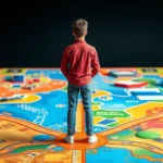 A young adult character standing at a crossroads on a vibrant game board, contemplating education versus career paths, with bright colors and strategic board game aesthetic, photorealistic style