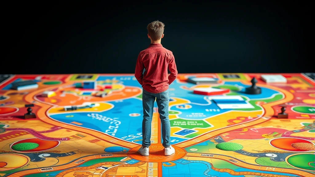 A young adult character standing at a crossroads on a vibrant game board, contemplating education versus career paths, with bright colors and strategic board game aesthetic, photorealistic style